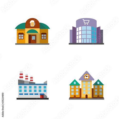City buildings flat design long shadow color icons set