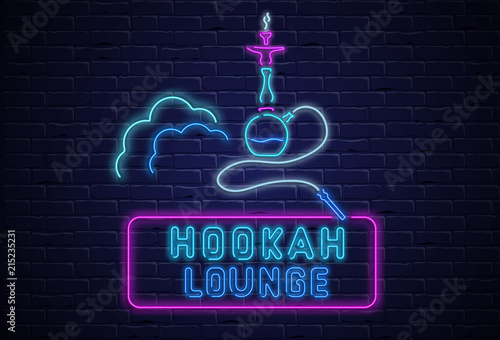 Black hookah lounge background with colorful neon decoration.