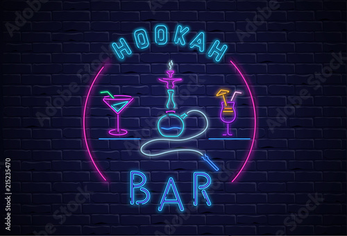 Black hookah lounge background with colorful neon decoration.