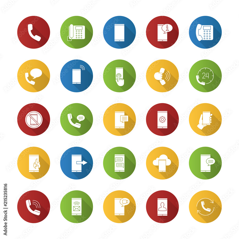 Phone communication flat design long shadow glyph icons set Phone communication flat design long shadow glyph icons set