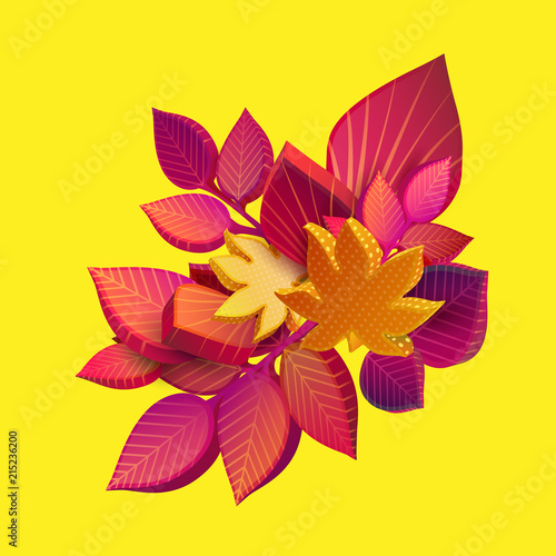 Autumn yellow background with beautiful 3d leaves.