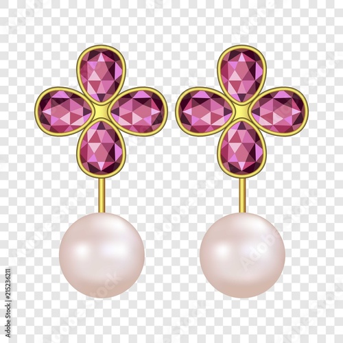 Pearl ruby earrings mockup. Realistic illustration of pearl ruby earrings vector mockup for on transparent background