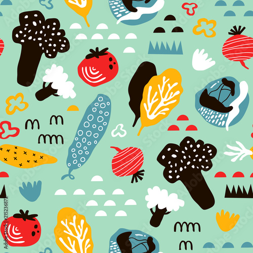 vector seamless background patterns in Scandinavian style,cartoon cute vegetables  and elements for fabric design, wrapping paper, notebooks covers