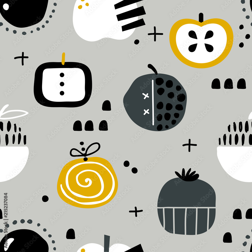 Fototapeta premium vector seamless background patterns in Scandinavian style,cartoon cute apples and elements for fabric design, wrapping paper, notebooks covers