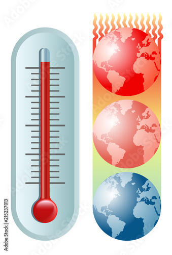 symbolic vector illustration of the global warming and climate change with a thermometer and the planet Earth moving towards hotter and hotter temperatures