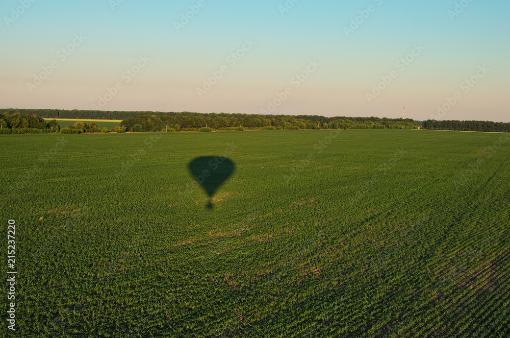 Obraz premium Aerial view over the agricultural fields on a sunny summer day. Air balloon shadow on the green plants. Kyiv region, Ukraine