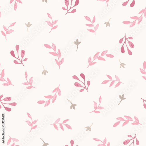Watercolor seamless pattern with branches, leaves and flowers. Vector hand drawn spring background in shades of pink. Feminine print design.