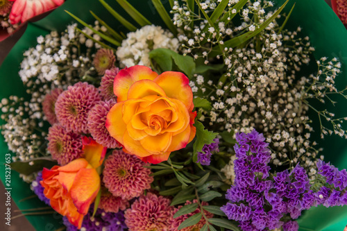 Orange rose with a red border on the background of other flowers