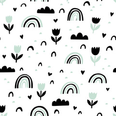 Stickers Bloemenmotief patronen Scandinavisch patroon met regenbogen en wolken  © mgdrachal