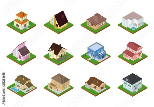House vector isometric housing architecture or residential home illustration set of housekeeping building exterior or cottage construction isolated on white background
