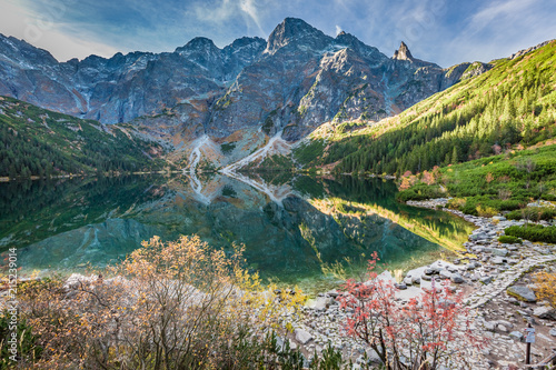 Small lake in the mountains at dawn in autumn, Poland