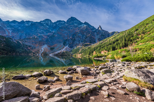 Fototapeta Naklejka Na Ścianę i Meble -  Stunning lake in the mountains at dawn in autumn, Poland