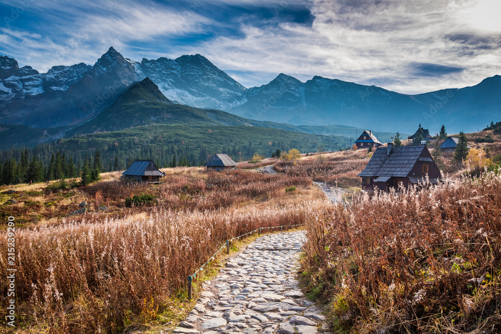 Stunning view to path in Tatras at sunset, Poland - obrazy, fototapety, plakaty 