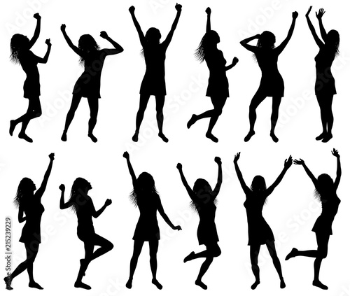 Illustration with happy dancing women silhouettes