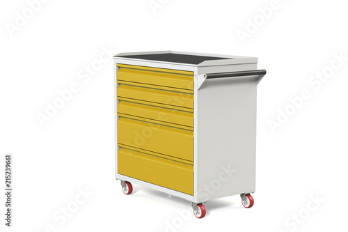 Wallpaper Mural Metal tool cabinet on wheels with drawers. A convenient place for storing tools and spare parts. Metal furniture.  3D-model rendering of the table for shooting from above. Torontodigital.ca