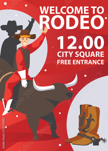 Vertical rodeo poster on red background. Flat bull and man riding.