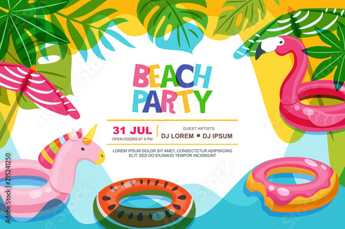 Swimming pool frame with flamingo and unicorn float kids toys. Beach party vector summer poster, flyer, banner design template. Trendy doodle illustration.