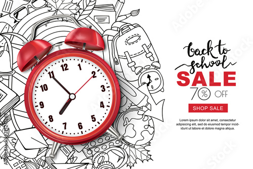 Vector back to school sale banner, poster background. Realistic 3d red alarm clock on outline doodle school supplies background. Layout for discount labels, flyers and shopping. photo