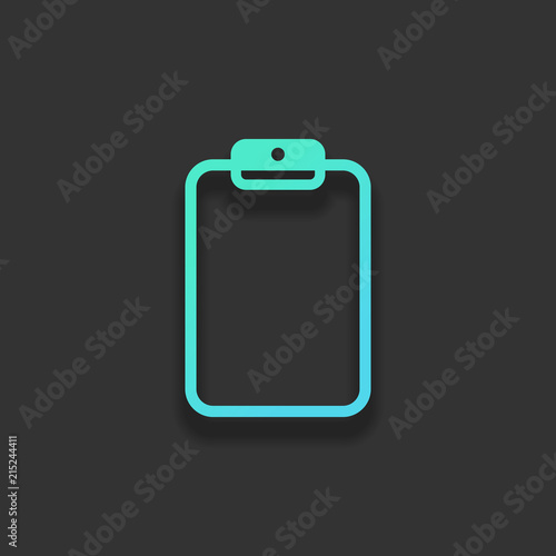 Tablet with paper. Colorful logo concept with soft shadow on dar