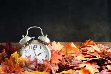 Alarm clock in colorful autumn leaves against a dark background with shallow depth of field. Daylight savings time concept.