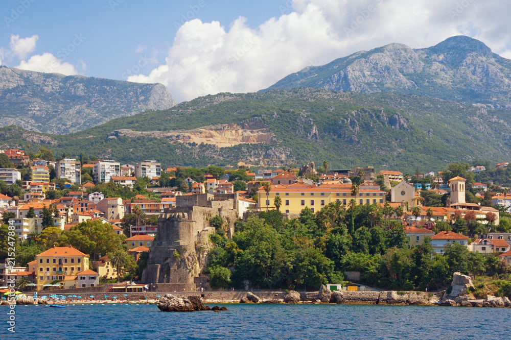 Summer Mediterranean landscape. Montenegro. View of coastal town of Herceg Novi located at the foot of Mount Orjen