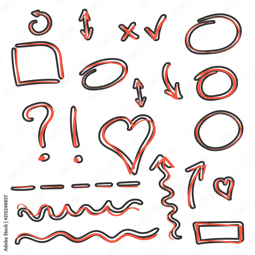 Obraz premium Vector cartoon hand drawn arrows and circles icon set in comic style. Pencil sketch sign illustration pictogram. Arrow, heart, infographic document business splash effect concept.