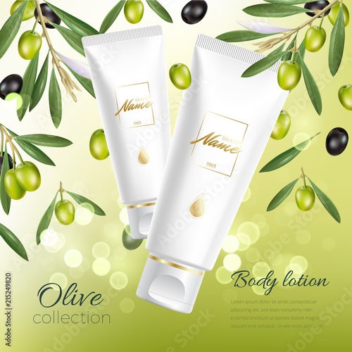 Design cosmetics product advertising for catalog, magazine. Mock up of cosmetic package. Moisturizing cream, gel, milk body lotion with olive oil.