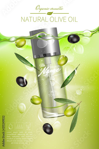 Design cosmetics product advertising for catalog, magazine. Mock up of cosmetic package. Moisturizing cream, gel, milk body lotion with olive oil.