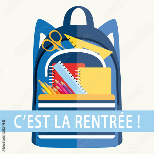 C'est la rentrée ! Cartable d'écolier plein de fournitures scolaires.