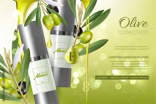 Design cosmetics product advertising for catalog, magazine. Mock up of cosmetic package. Moisturizing cream, gel, milk body lotion with olive oil.