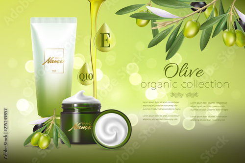 Design cosmetics product advertising for catalog, magazine. Mock up of cosmetic package. Moisturizing cream, gel, milk body lotion with olive oil.
