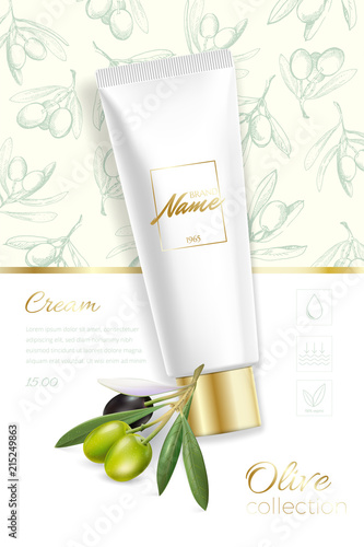 Design cosmetics product advertising for catalog, magazine. Mock up of cosmetic package. Moisturizing cream, gel, milk body lotion with olive oil.