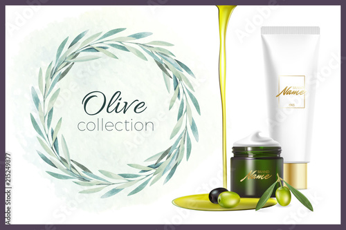 Design cosmetics product advertising for catalog, magazine. Mock up of cosmetic package. Moisturizing cream, gel, milk body lotion with olive oil.