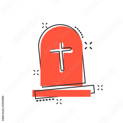 Vector cartoon halloween grave icon in comic style. Gravestone sign illustration pictogram. Rip business splash effect concept.
