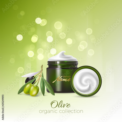 Design cosmetics product advertising for catalog, magazine. Mock up of cosmetic package. Moisturizing cream, gel, milk body lotion with olive oil.