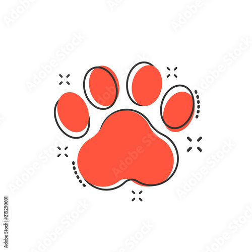 Vector cartoon paw print icon in comic style. Dog or cat pawprint sign illustration pictogram. Animal business splash effect concept.