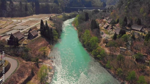 Aerial view of Shogawa River and snow mountains in Shirakawa-go village in Japan.