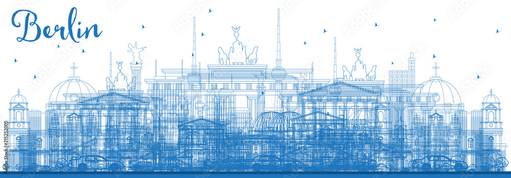Outline Berlin Germany Skyline with Blue Buildings. - obrazy, fototapety, plakaty 