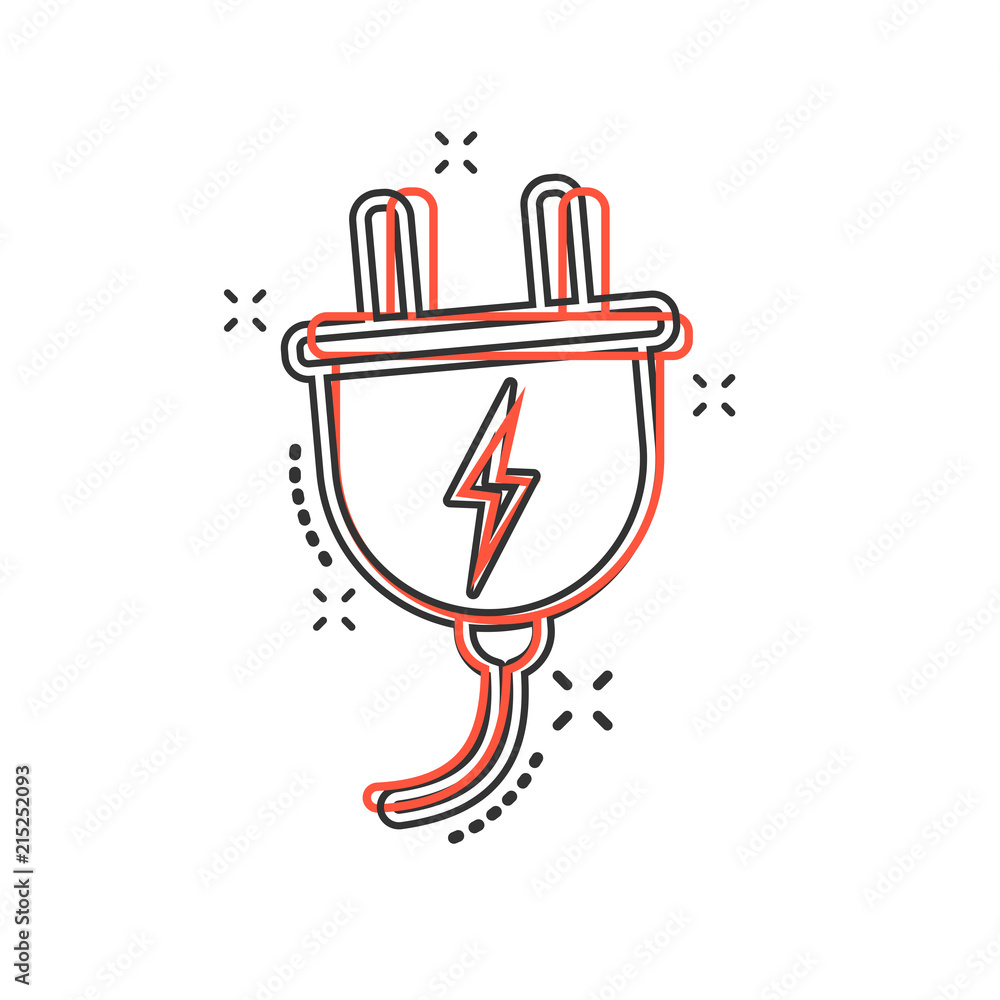 Vector cartoon electric plug icon in comic style. Power wire cable sign illustration pictogram. Wire business splash effect concept.