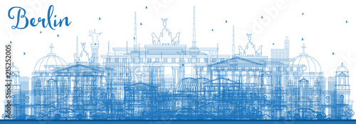 Outline Berlin Germany Skyline with Blue Buildings.
