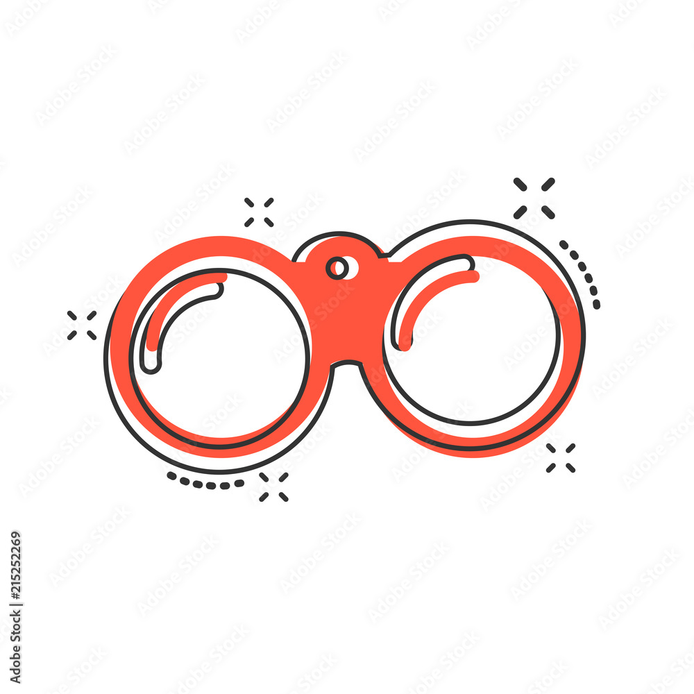 Vector cartoon binocular icon in comic style. Binoculars explore sign illustration pictogram. Binocular business splash effect concept. Vector cartoon binocular icon in comic style. Binoculars explore sign illustration pictogram. Binocular business splash effect concept.
