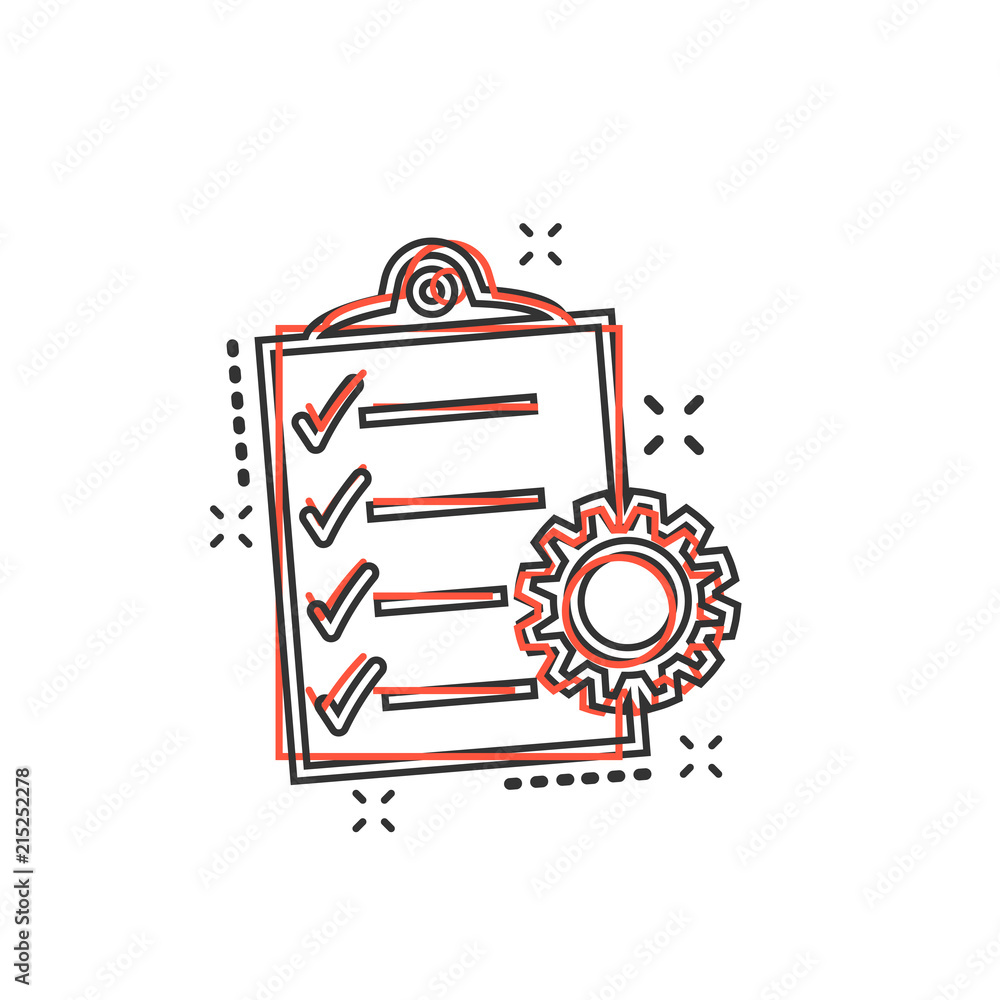 Vector cartoon document icon in comic style. Project management sign illustration pictogram. To do list with gear business splash effect concept. Vector cartoon document icon in comic style. Project management sign illustration pictogram. To do list with gear business splash effect concept.