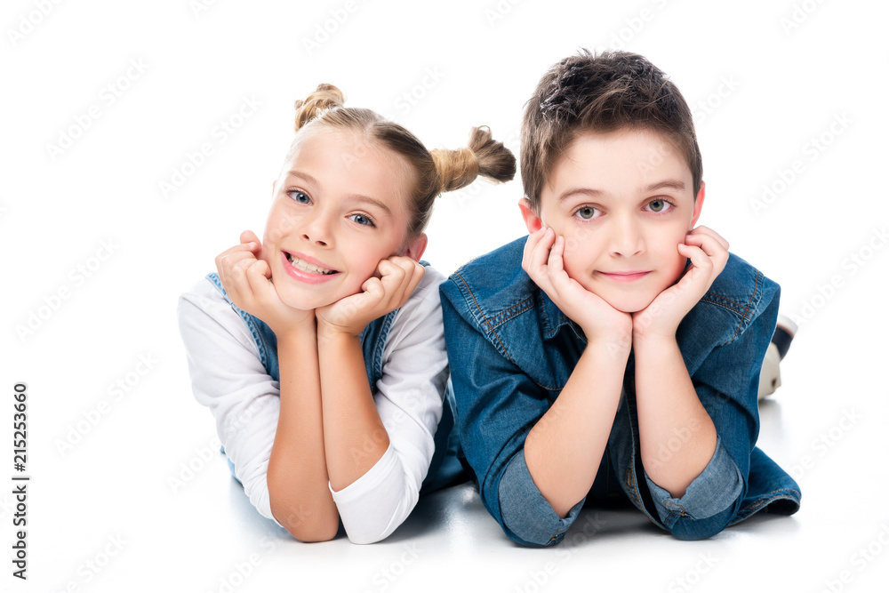 two classmates resting chins on hands isolated on white two classmates resting chins on hands isolated on white