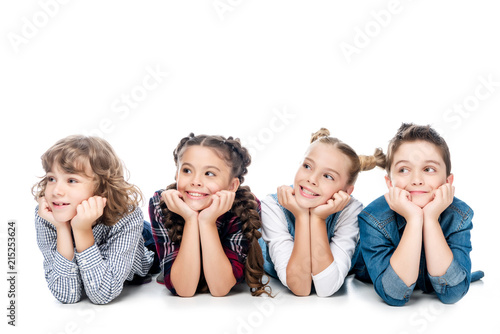 classmates resting chins on hands and looking away isolated on white