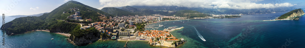 Aerial beautiful panoramic view at old town in Budva and the Budva Riviera.