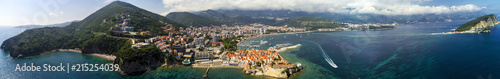 Aerial beautiful panoramic view at old town in Budva and the Budva Riviera.