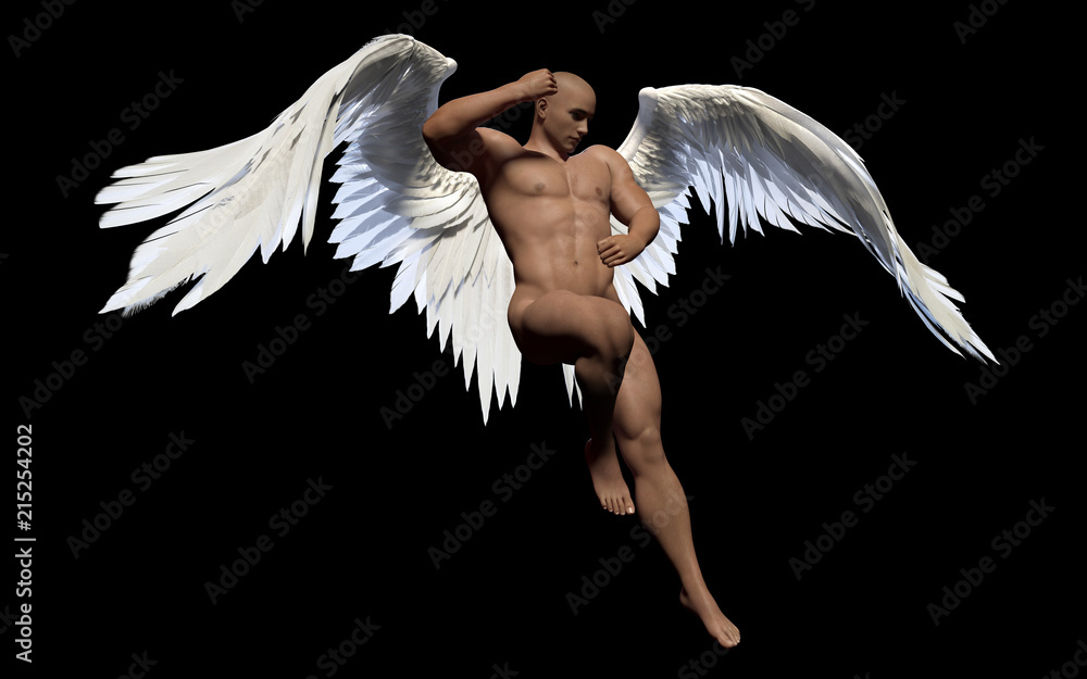 Naklejka premium 3d Illustration Angel Wings, upierzenie białe skrzydło na białym na czarnym tle ze ścieżką przycinającą.