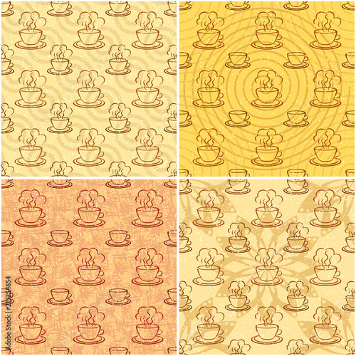 Set Seamless Backgrounds, Cups with a Hot Drink Contour Pictograms on Abstract Tile Pattern. Vector