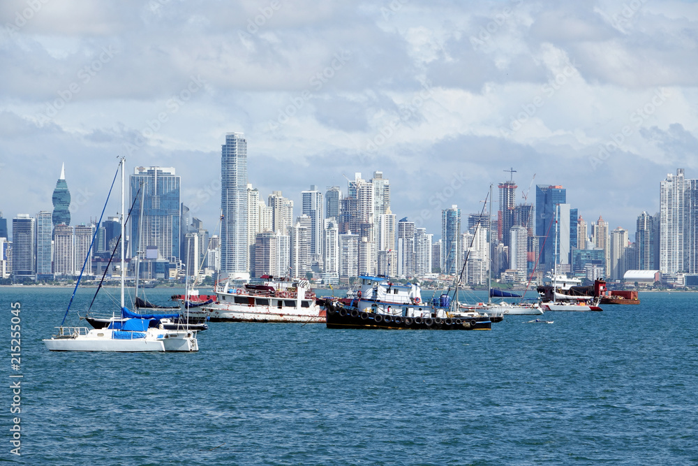  Panoramic view of the modern skyline of Panama City in the Pacific coast of Panama.