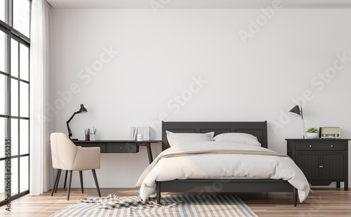 Modern classic bedroom 3d render.The rooms have wooden floors and white walls.Furnished with black wood furniture. There are large window overlooking to outside. photo